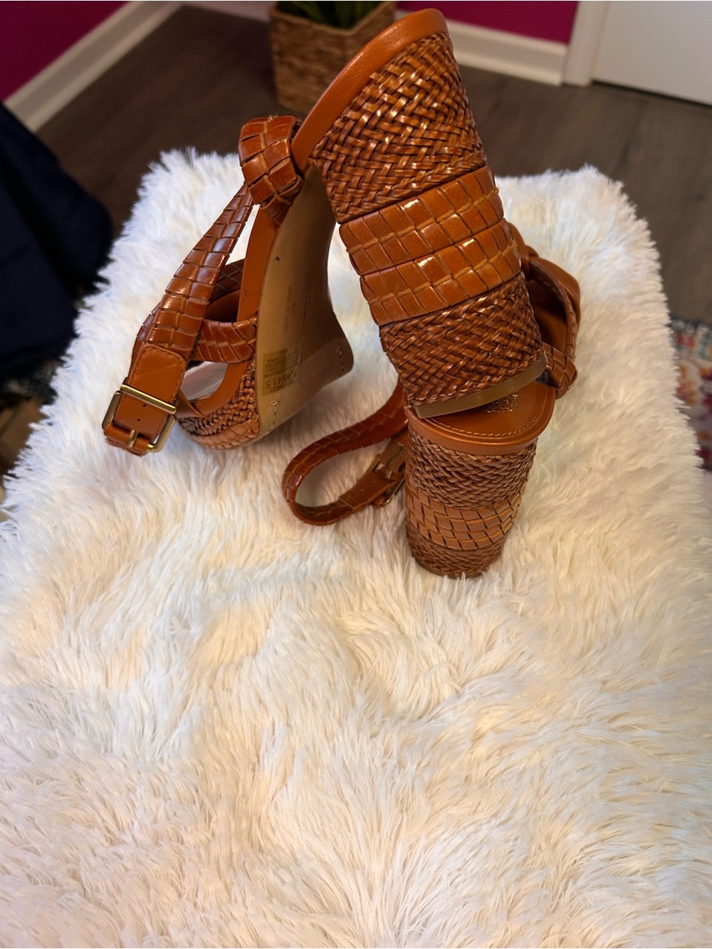 Vince Camuto Cognac Braided Knot Wedge Sandals - Picture 5 of 8